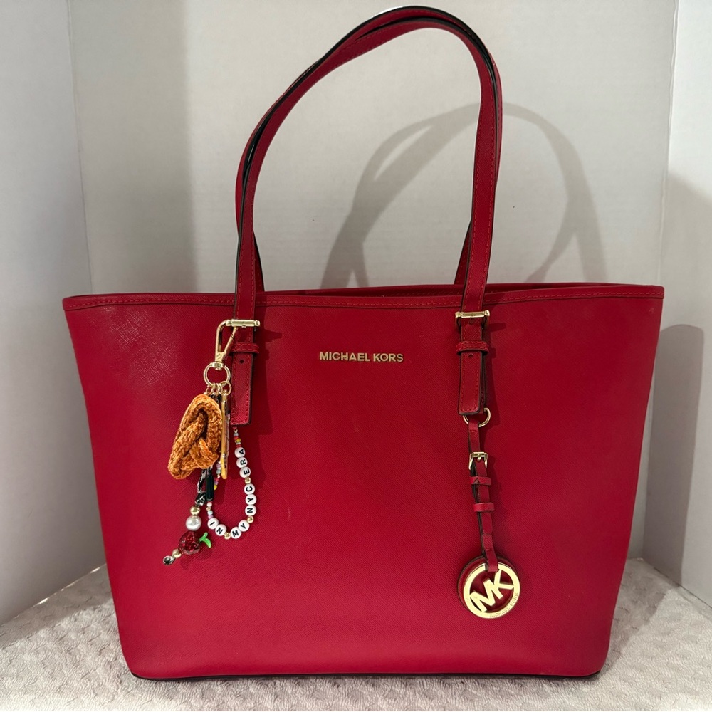 Michael Kors Cherry Red Tote with Gold Accents
